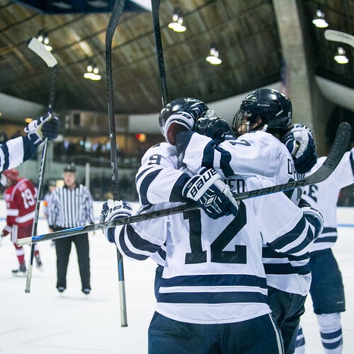 The ƵMen's Hockey Team celebrates a victory over Harvard.